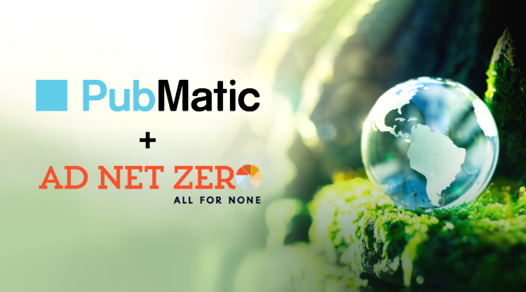 Glass Globe of the world on mossy surface with blue and black PubMatic Logo + orange Ad Net Zero logo on the left side