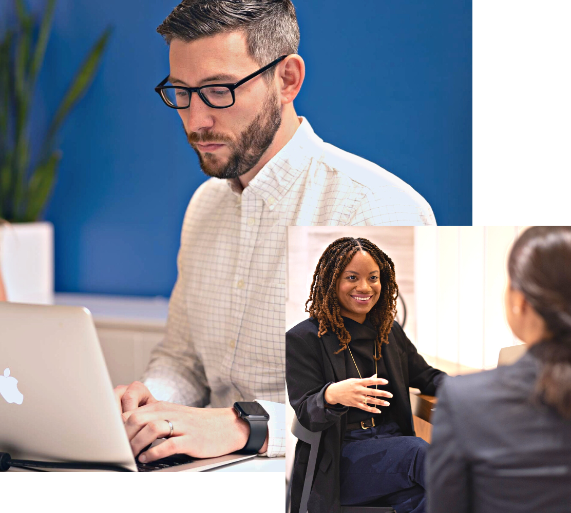 A large image of an adult man typing on a laptop in an office. A smaller image is in the bottom right corner of two adult women discussing the project strategy.